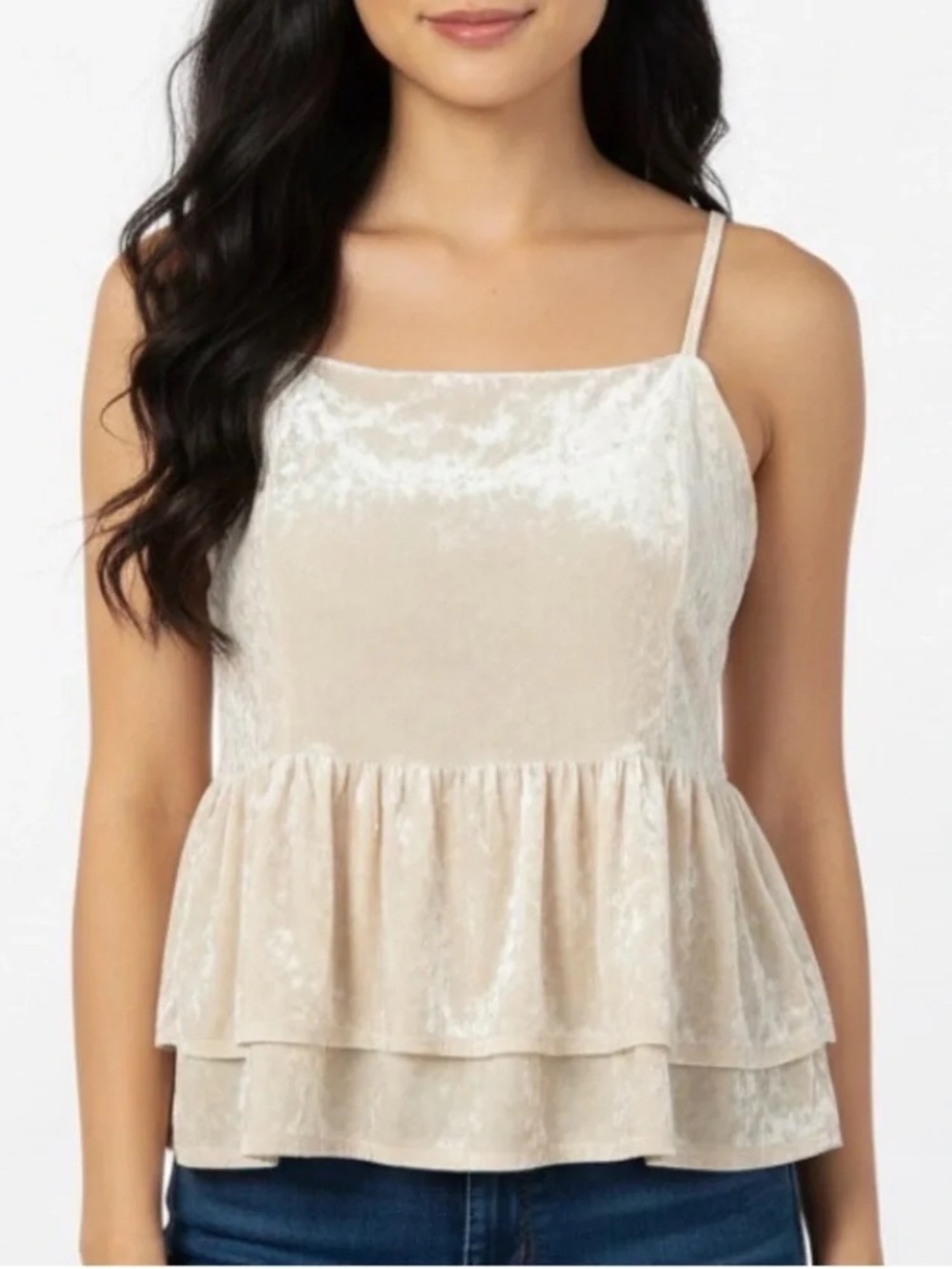 AMERICAN EAGLE Crushed Velvet Ruffle Cami Tank Top Cream NEW NWOT